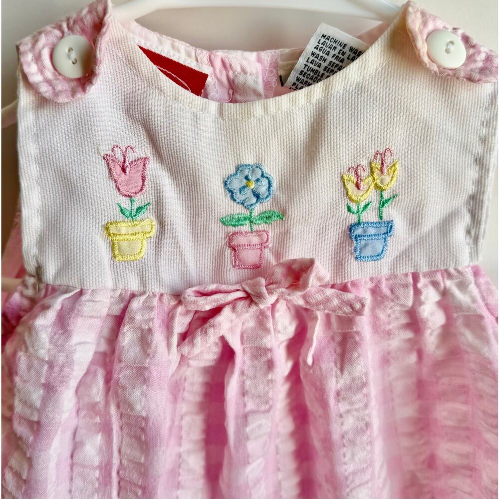 Vintage 2002 Playskool Baby Girl Dress Pink Seersucker Floral 6/9 Months y2k